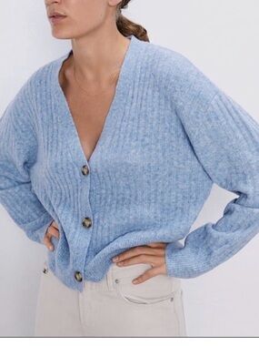Zara Knit Blue Ribbed Button Front Cardigan Women's Small